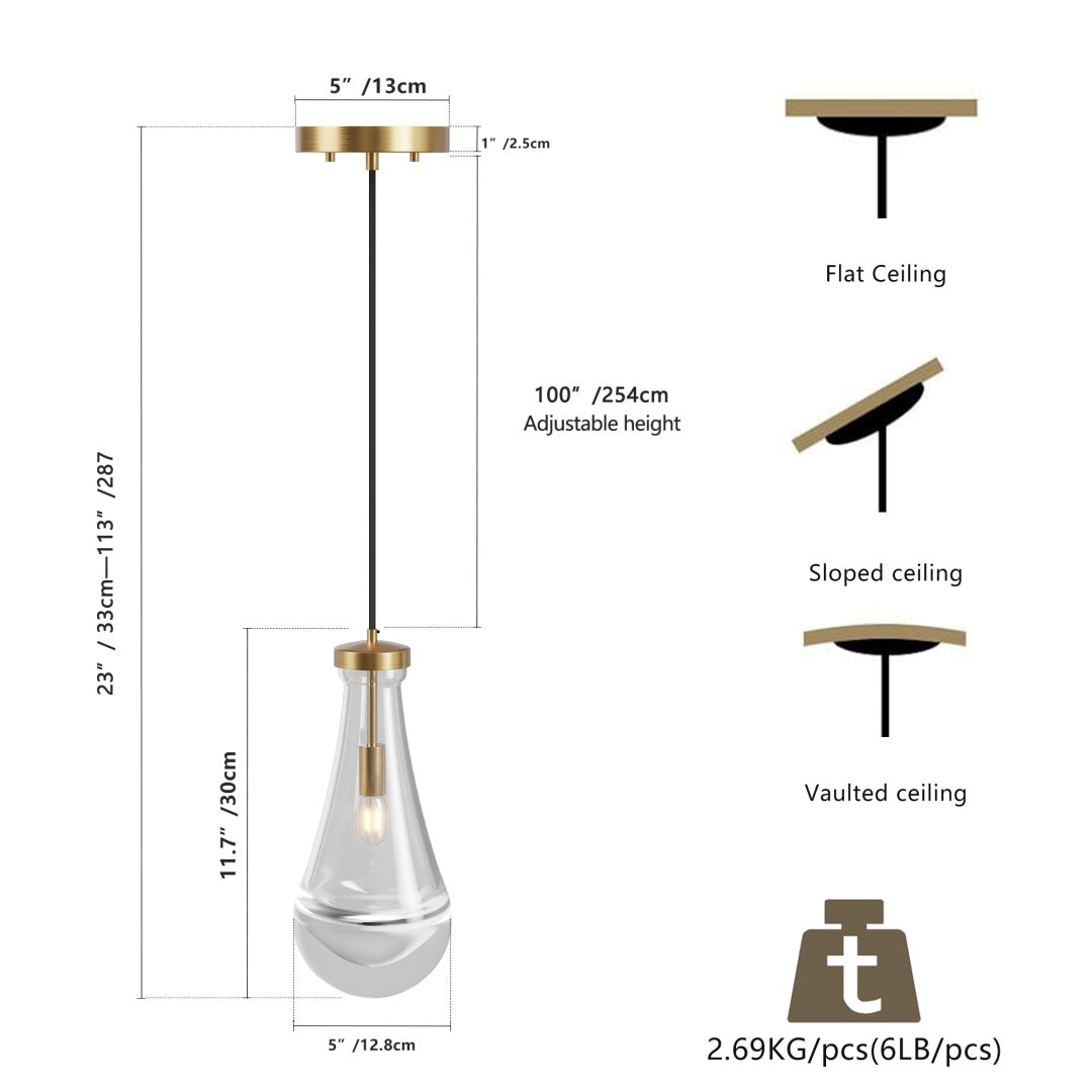 Modern Raindrop Pendant Lights, Pendant Lights For Kitchen Island, Brass Rod Dining Room Light Fixture, Clear Solid Raindrop Chandelier, Chandelier For Living Room Hallway,Not Including Bulb