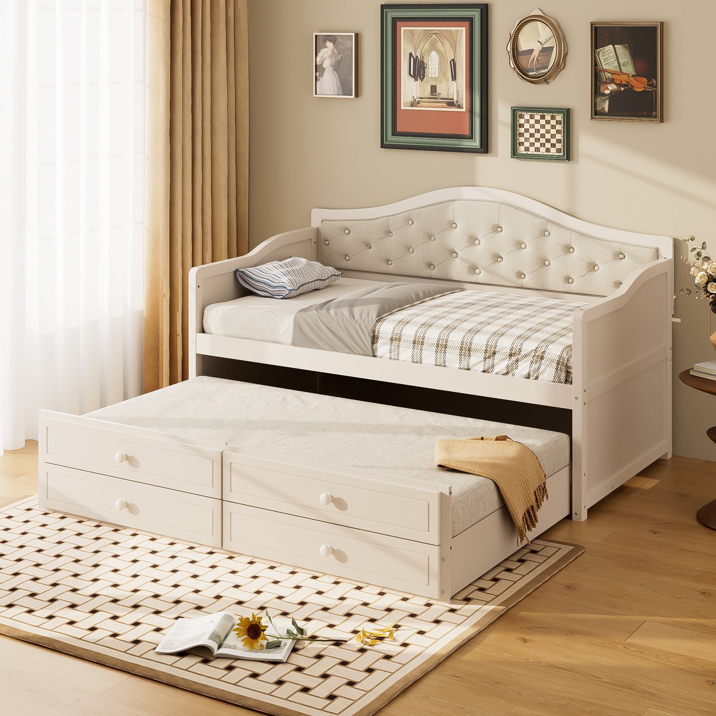 Twin Daybed With Trundle, Twin Size Daybed With 2 Storage Drawers, Wooden Sofa Bed With Upholstered Button Tufted Backrest For Living Room, Bedroom, Guest Room,Beige