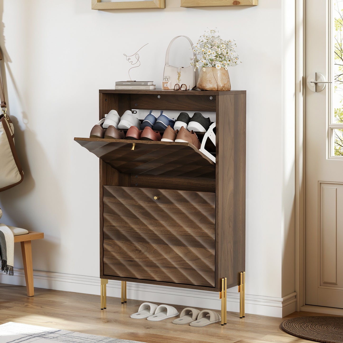 23.6 Inch Walnut Shoe Cabinet, Mid-century Modern Freestanding Shoe Cabinet,  Freestanding Organizer With Metal Legs,  Suitable For Entry, Hallway And Entryway