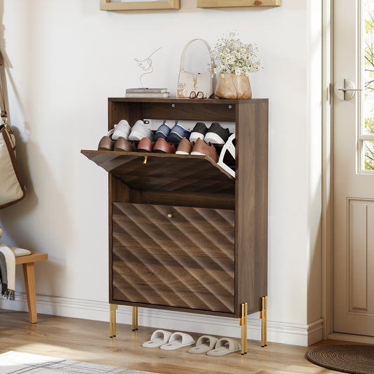 23.6 Inch Walnut Shoe Cabinet, Mid-century Modern Freestanding Shoe Cabinet,  Freestanding Organizer With Metal Legs,  Suitable For Entry, Hallway And Entryway