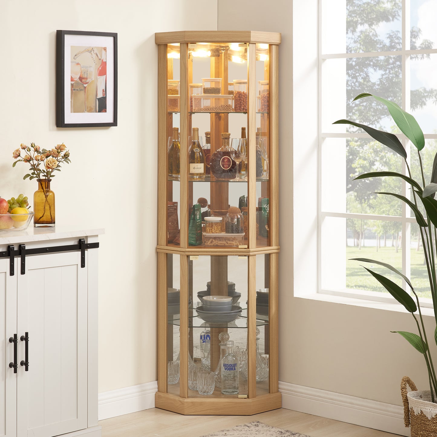 Corner Lighted Curio Cabinet Corner Glass Cabinet Lighted Curio Cabinet Corner Display Case For Living Room, Curio Cabinet, Antique Collection, Wine,Bar Glass Storage Light Included,Light Oak