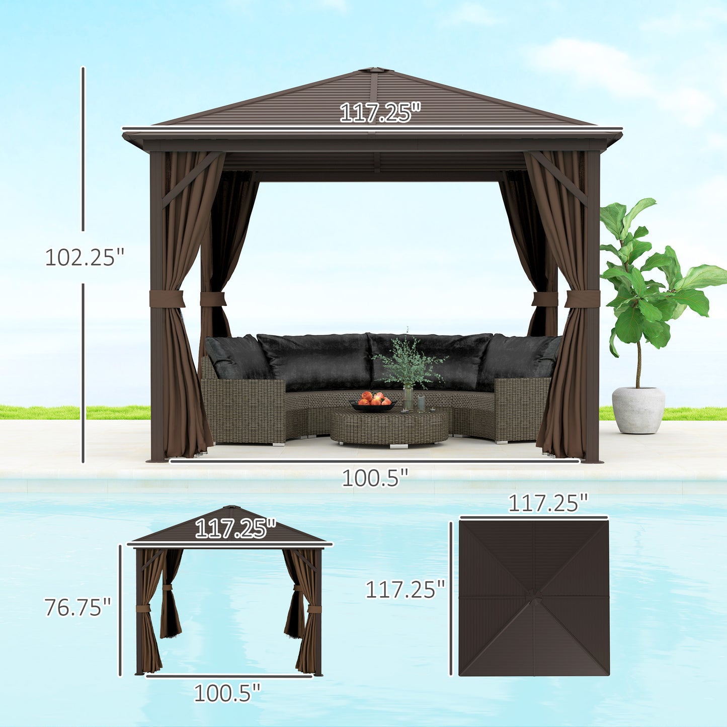 10 X 10 Hardtop Gazebo Canopy, Permanent Pavilion With Hook, Curtains, Aluminum Frame For Patio, Garden, Dark Brown