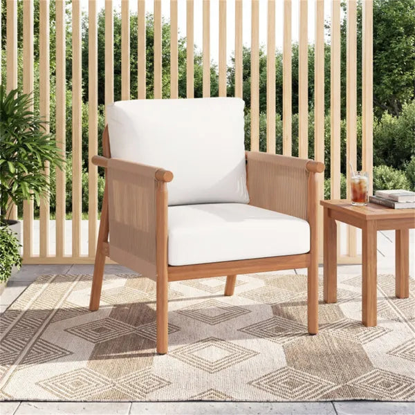 White Boho Patio Acacia Wood Chair With Woven Rope Armrests, Cushioned Outdoor Accent Chair For Porch Balcony