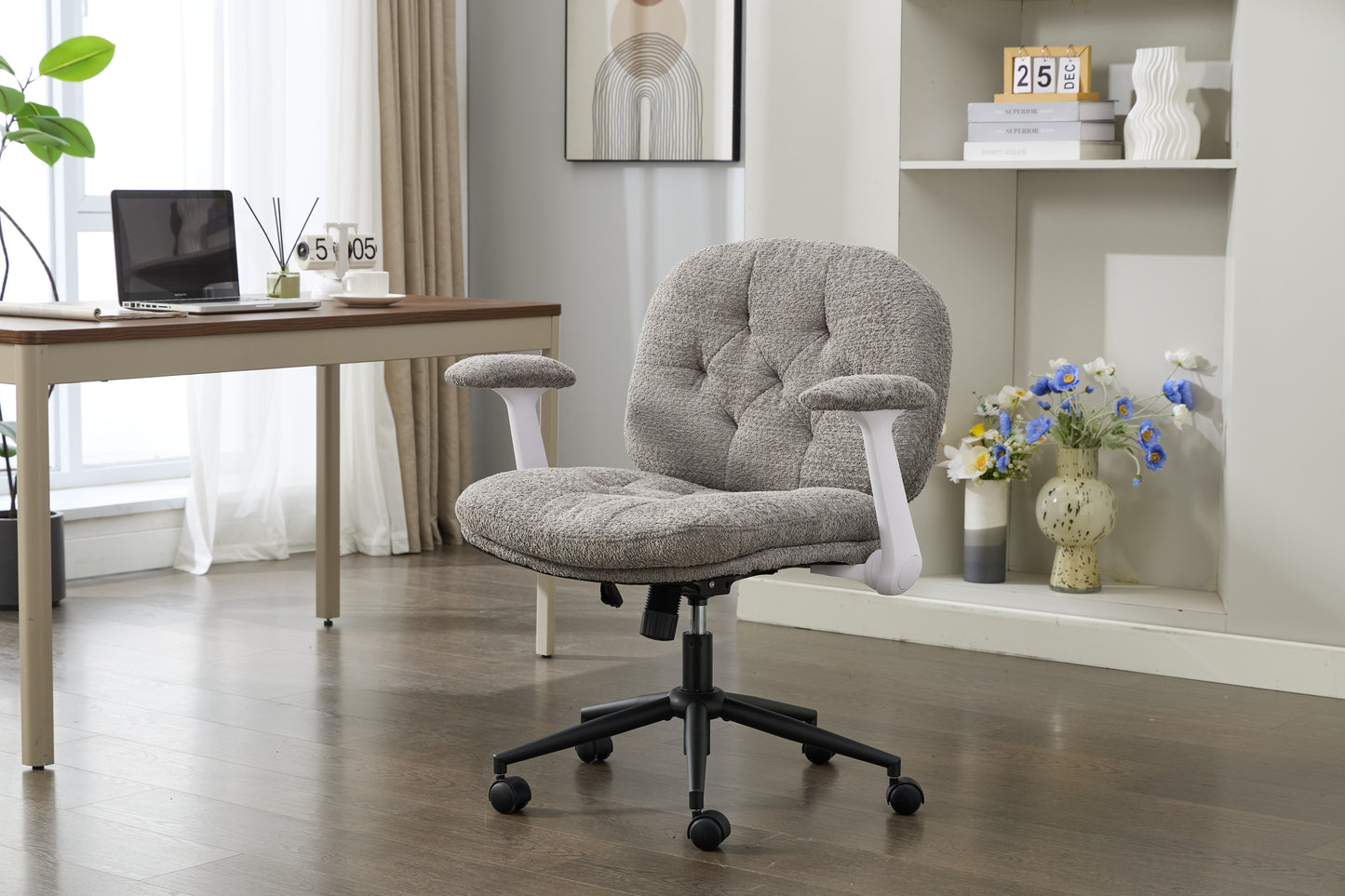 Cross Legged Chair With Flip-up Armrests, Comfy Swivel Chairs With Wide Seat For Women, Adjustable Makeup Vanity Chair For Apartment, Home, Office,Grey.
