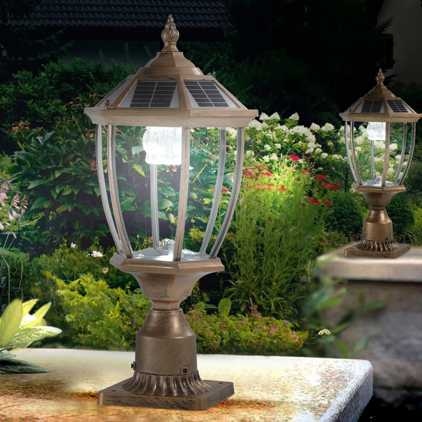 20 H  Golden Solar Powered LED Outdoor Lantern, Vintage Garden Light With Elegant Glass Design For Pathways, Yards, And Patios 2-Pack