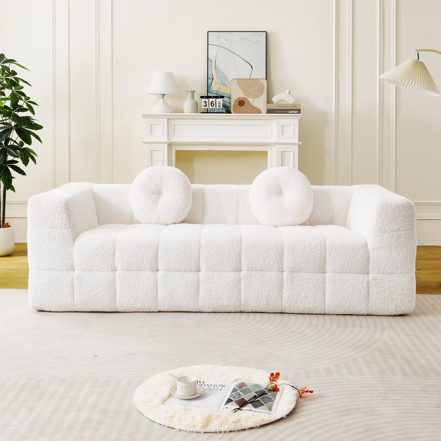 84.6-inch Modern Boneless Couch With Two Circular Throw Pillows,Skin-friendly Lychee-textured Long-pile Polyester Fabric,Checkered Fabric Design Three-Seater Foam Sofa