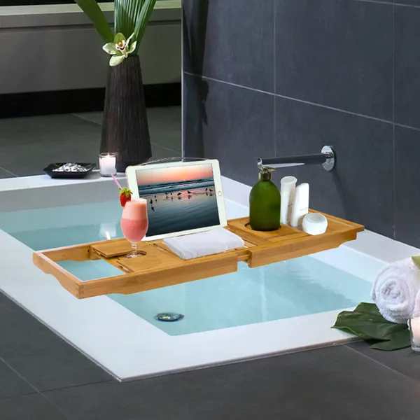 Bathtub Caddy Tray Crafted Bamboo Bath Tray Table Extendable Reading Rack Tablet Phone Holder For Valentines'S Day