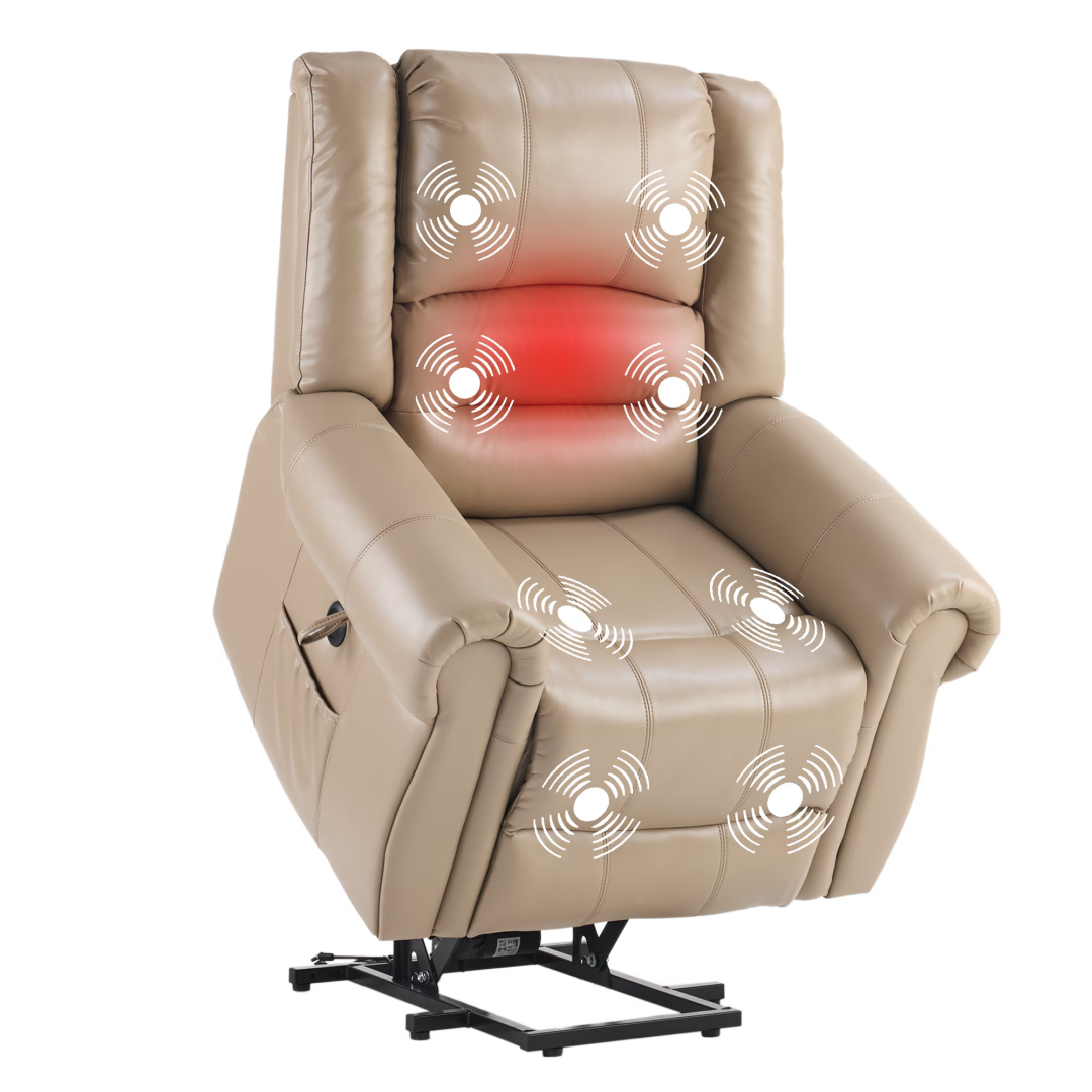 Power Lift Recliner Chair With Massage & Heat, Single Motor Lift Chair, Breathable PU Faux Leather, USB & Type-C, Side Pockets, Light Brown