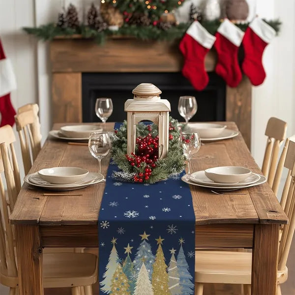 Christmas Table Runner 13x72 Inch, Xmas Trees Snowflakes Holiday Decorative Farmhouse Table Decoration For Kitchen Dinning, Indoor Outdoor Dinner Party Decor