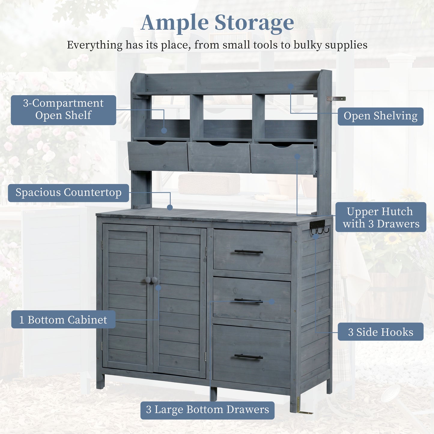 With Assembly Video  TOPMAx Farmhouse Patio Potting Bench  44.6 X19.5  Large Freestanding Garden Workstation With 6 Drawers  Bottom Cabinet And Side Hook  Outdoor Kitchen Island  Gray