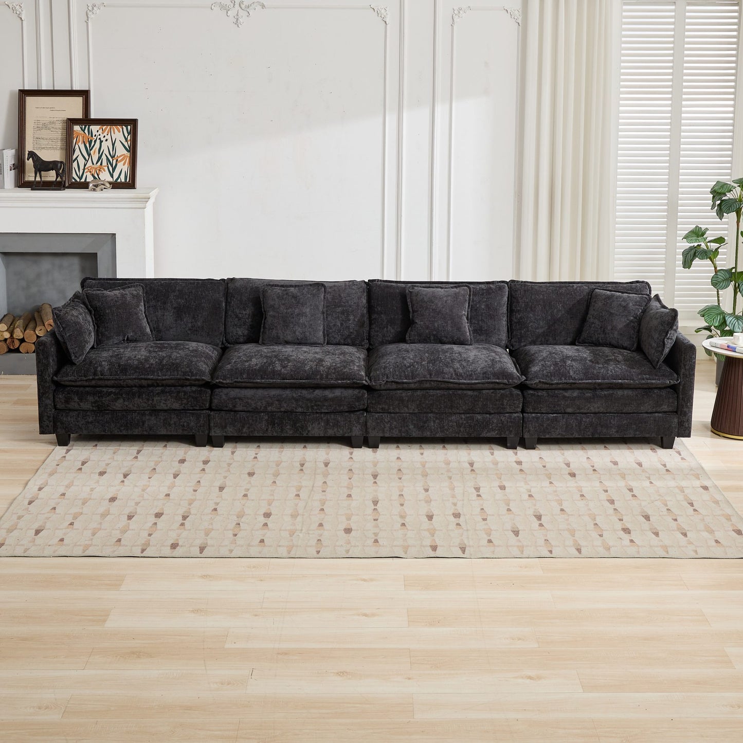 Cloud Sofa 4 Seats Ottoman Is Not Included, Modern Sectional Couch, For Living Room Bedroom And Apartment, Comfy Double Layer Upholstered Seat Cushion, Breathable Chenille Fabric, Black,SW5014BK