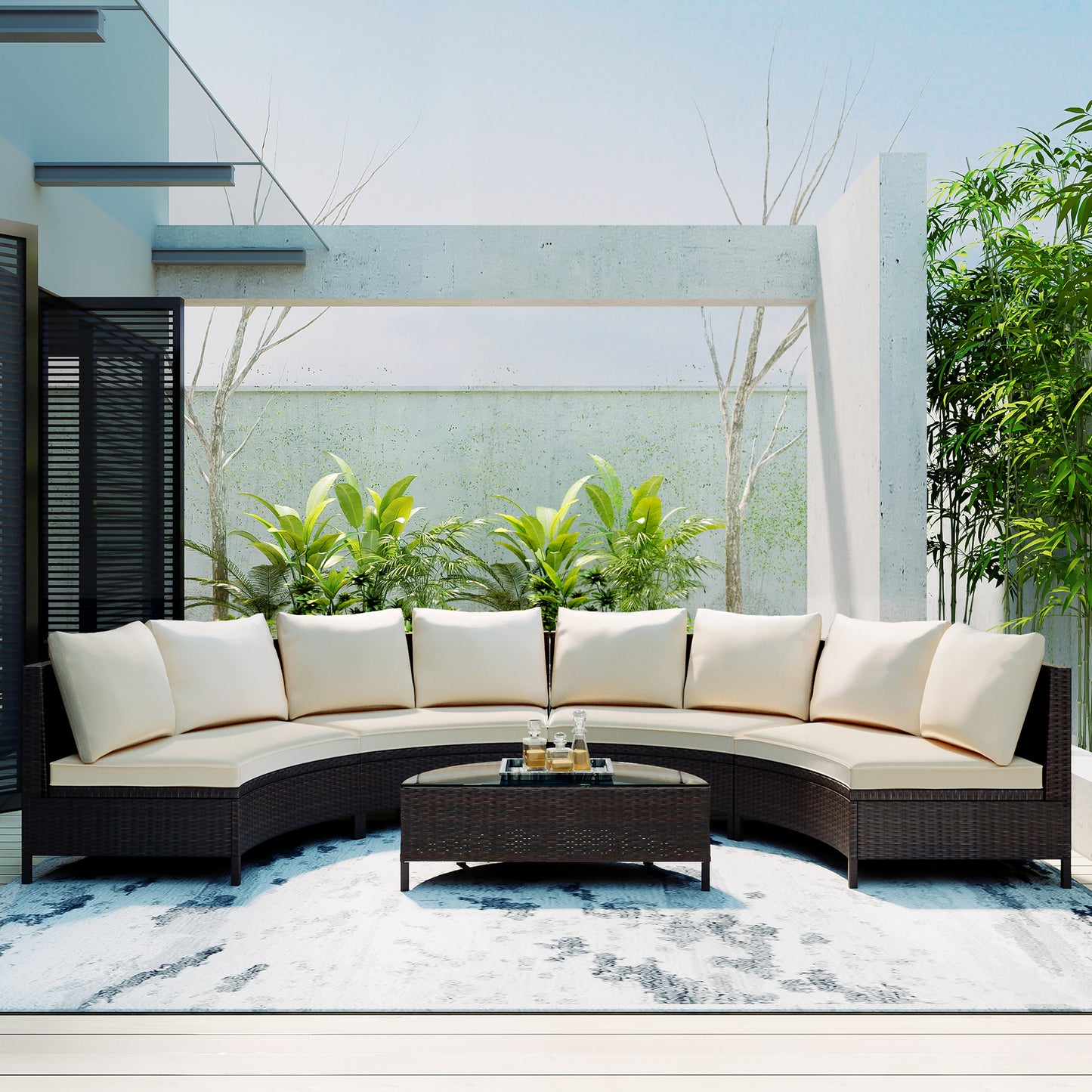 TOPMAX 5 Pieces All-Weather Brown PE Rattan Wicker Sofa Set Outdoor Patio Sectional Furniture Set Half-Moon Sofa Set With Tempered Glass Table, Beige
