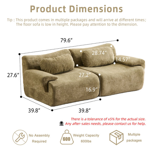 Compression Wave Sofa, Convertible Floor Sofa Bed, DIY Boneless Modular Sectional Sofa, No Assembly Required, Rabbit Velvet Fabric, 2-Seater, Green