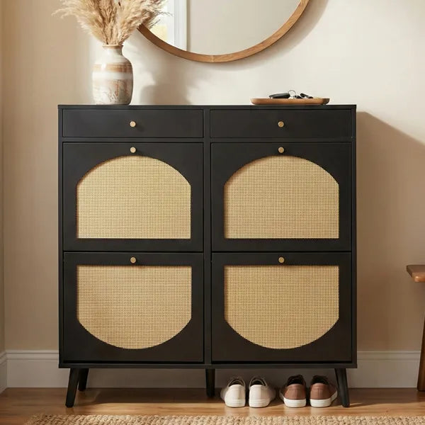 Rattan Shoe Cabinet With 2 Drawers And 4 Flip-tops, Made Of Particleboard, 105*24*110cm, Black