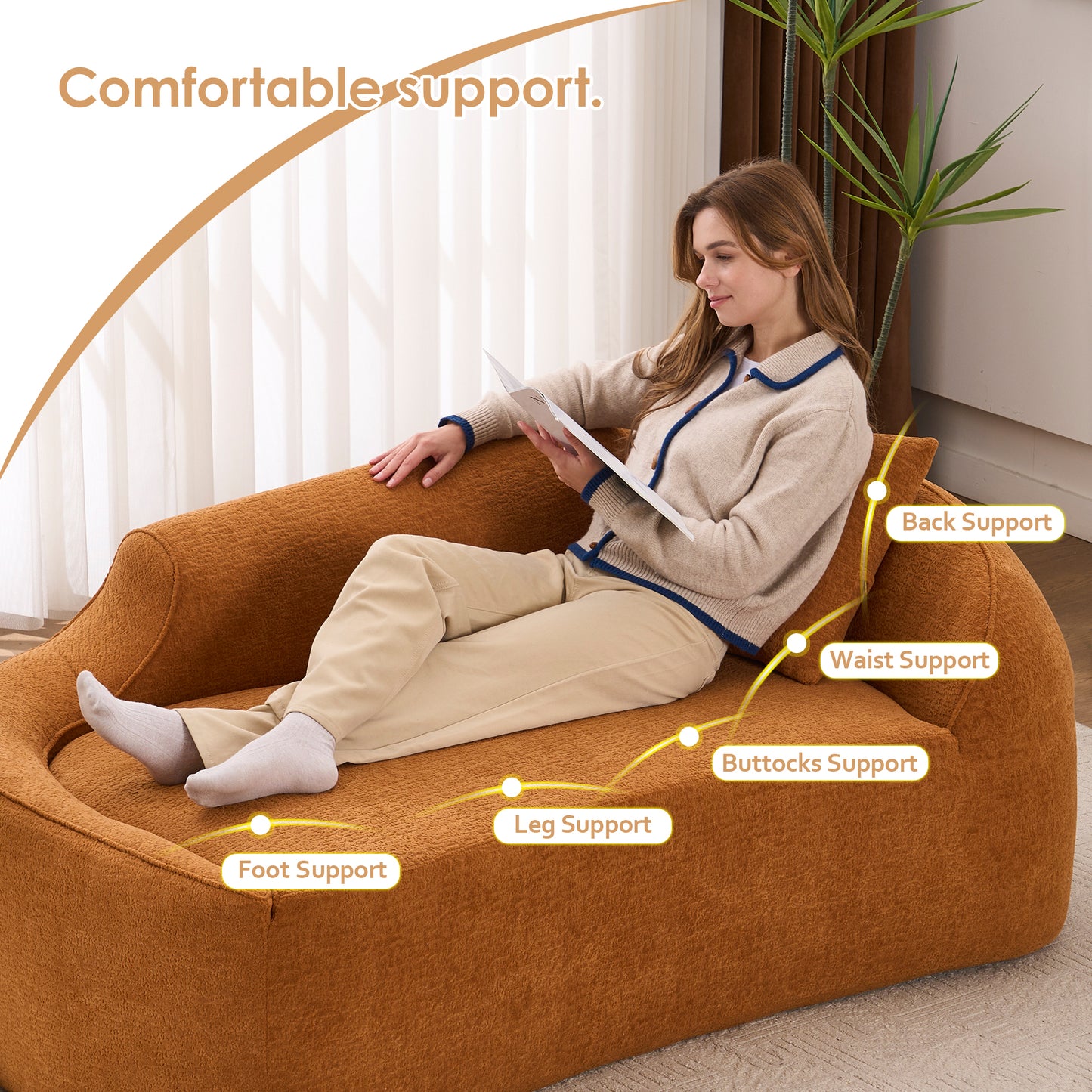 LY-048 Compression Curved Chaise Longue Chair Indoor  Modern Chenille Loveseat Couch With Deep Seat Sofa Bed With 1 Pillow  Sleeper Sofa Couch For Living Room  Bedroom  Apartment  Orange