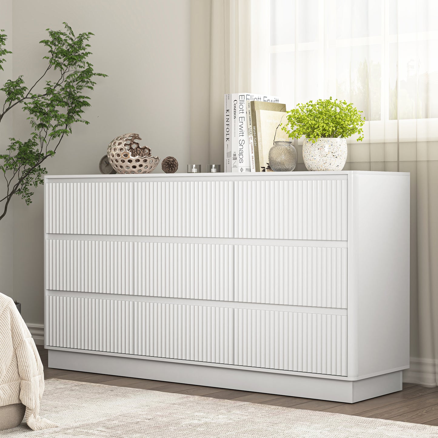 9 Drawer Dresser For Bedroom With Large Drawers, Wood Dresser, Large Floor Chest Of Drawers, Modern Long TV Stand, Mid Century Storage Cabinet Side Table, White