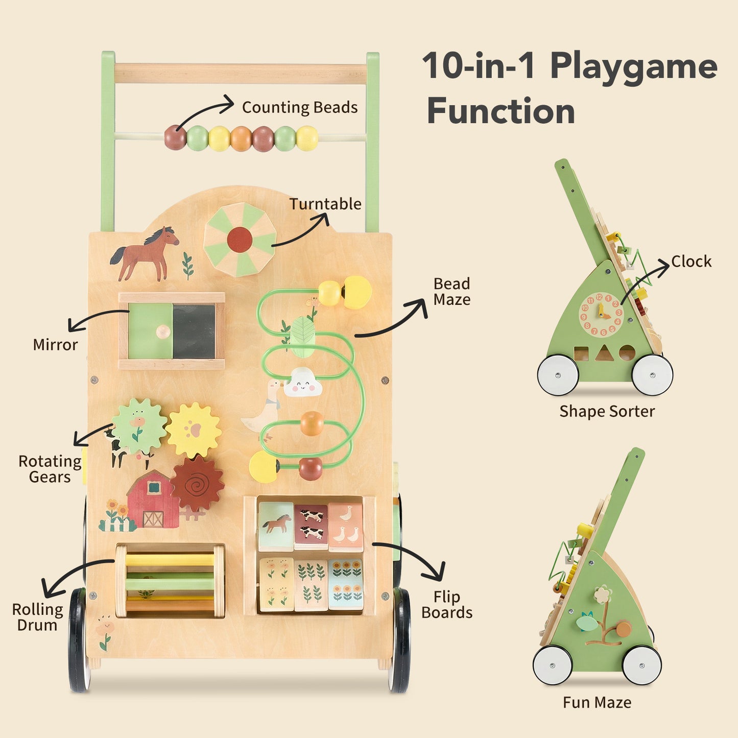 Wooden Baby Walker, Adjustable-speed Push-style Walker, Equipped With Montessori Activity Center, Silent Wheeled Baby Walking Toy