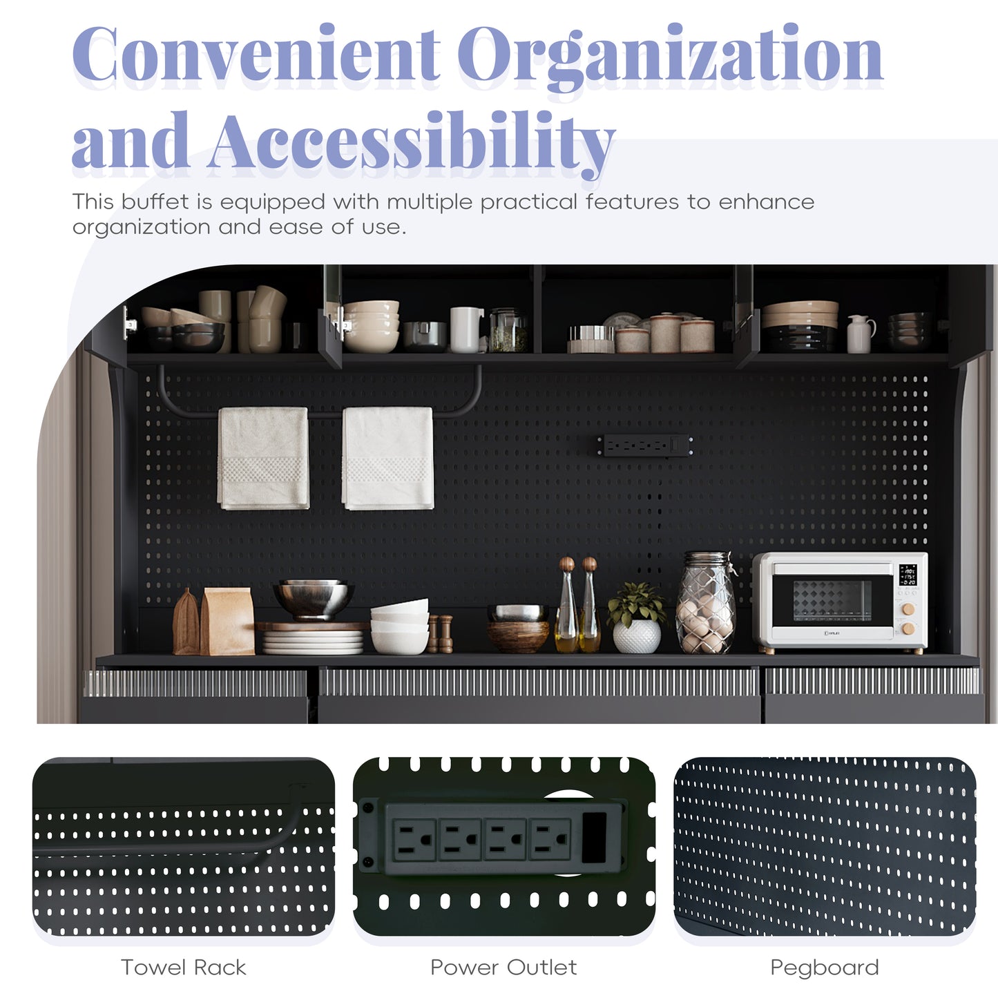 TOPMAX Freestanding 63 W Buffet With Hutch, Large Coffee Bar Storage Cabinet With 6 Drawers, 5 Cabinets With Adjustable Shelves,Pegboard,Towel Rack, Power Outlet,Black