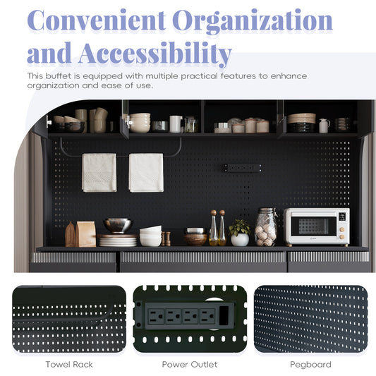 TOPMAX Freestanding 63 W Buffet With Hutch, Large Coffee Bar Storage Cabinet With 6 Drawers, 5 Cabinets With Adjustable Shelves,Pegboard,Towel Rack, Power Outlet,Black