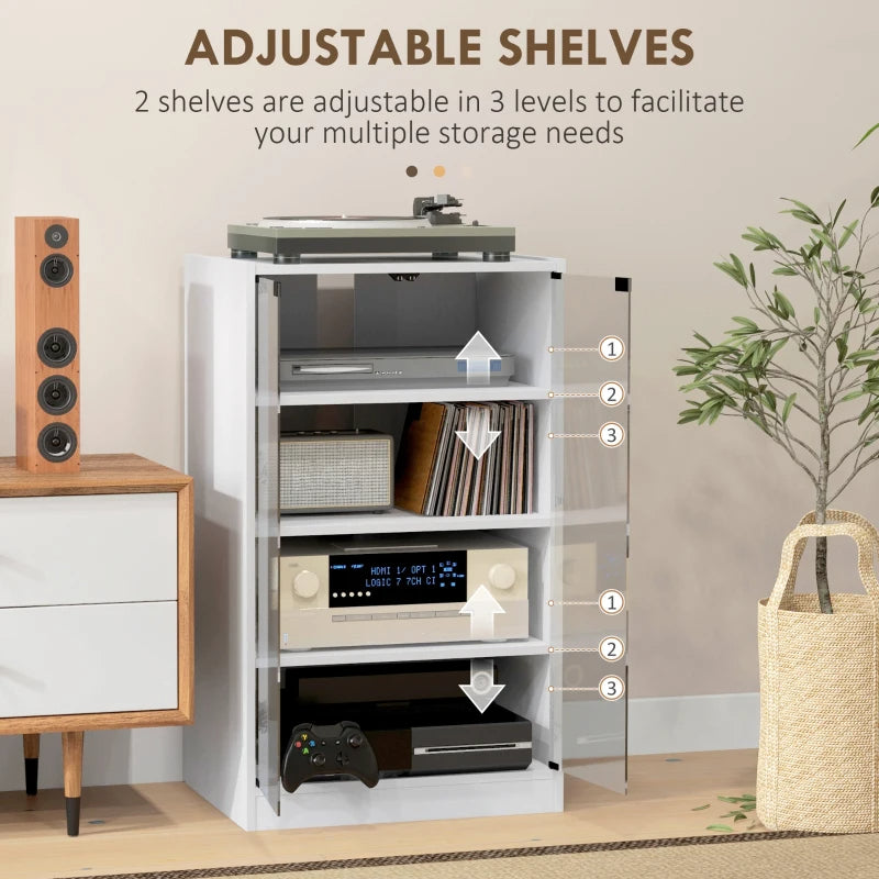 4-Tier Media Cabinet, Media Stand With Adjustable Shelves, Tempered Glass Doors, And Cable Management, Distressed White