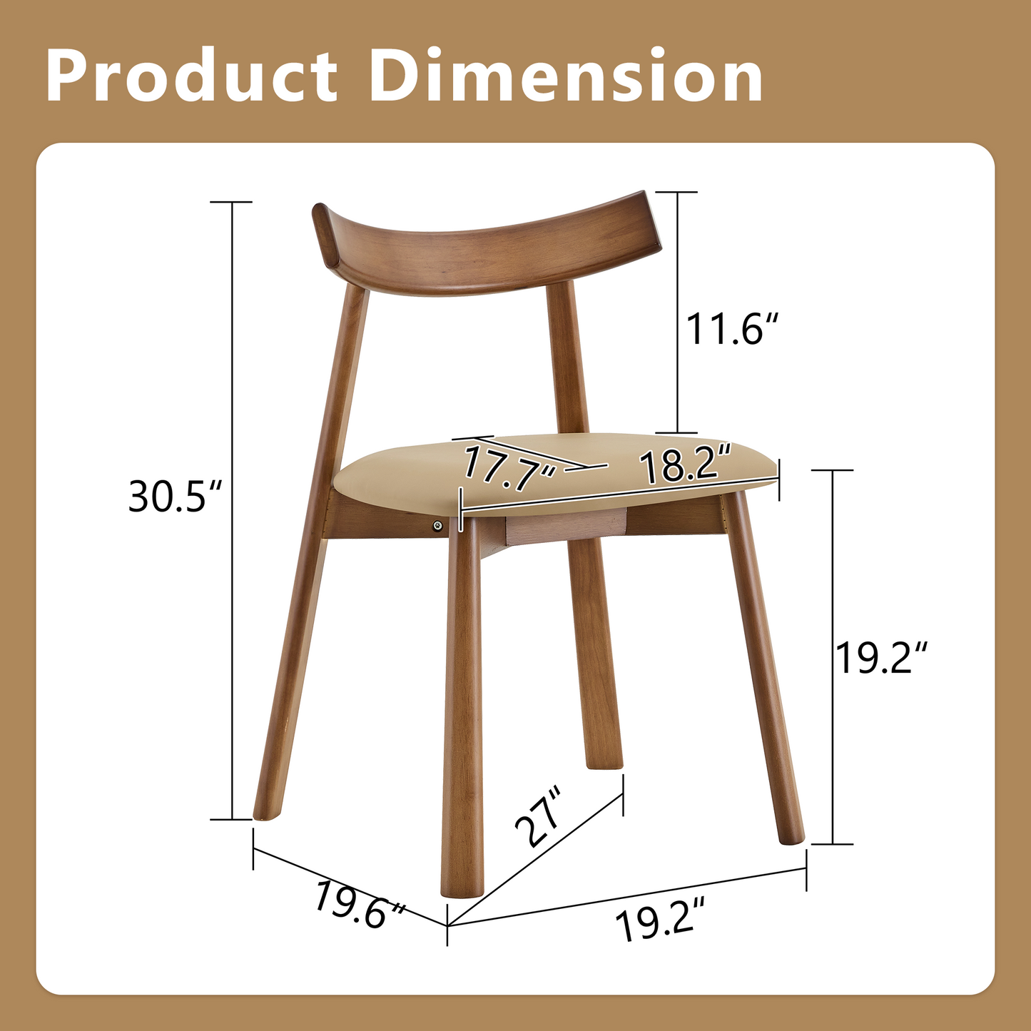 2 Walnut Colored Solid Wood Dining Chairs, With Khaki PU Soft Cushions And Curved Backrests That Fit The Curves Of The Back, Suitable For Home Dining.