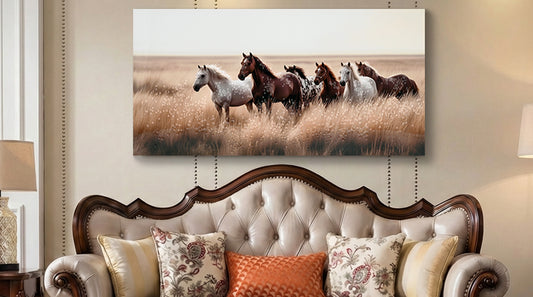 Cozy Country Rustic Horses Wall Art Decor Western Farm Equine Canvas Picture Wild Animals Walking On Empty Grassland Farmhouse Ponies Portrait Painting Artwork For Living Room Bedroom 40  X 20