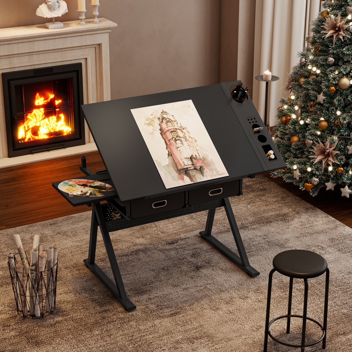 Adjustable Drawing Drafting Table Desk With 2 Drawers For Home Office And School With Stool Black