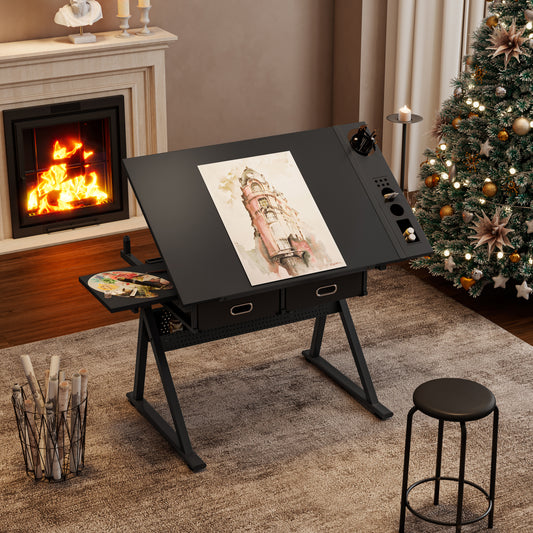 Adjustable Drawing Drafting Table Desk With 2 Drawers For Home Office And School With Stool Black