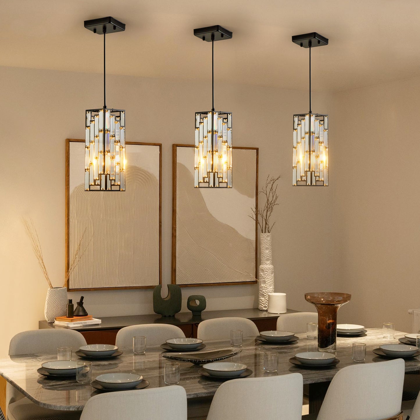 4in Modern Crystal Pendant Light - 3 Pack, Adjustable Hanging Ceiling Lamp With Crystal Prism Design For Dining Room, Kitchen Island, And Living Room -Black Finish