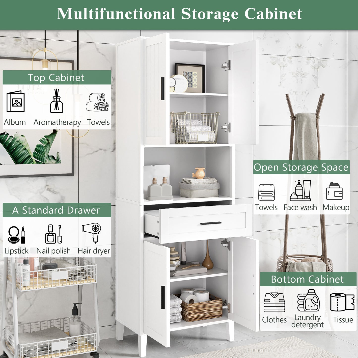 70.9  High Freestanding Tall Bathroom Cabinet With A Drawer, 2 Cabinets, 4 Soft-Close Doors, 2 Adjustable Shelves, Open Storage, For Bathroom, Living Room, Laundry Room