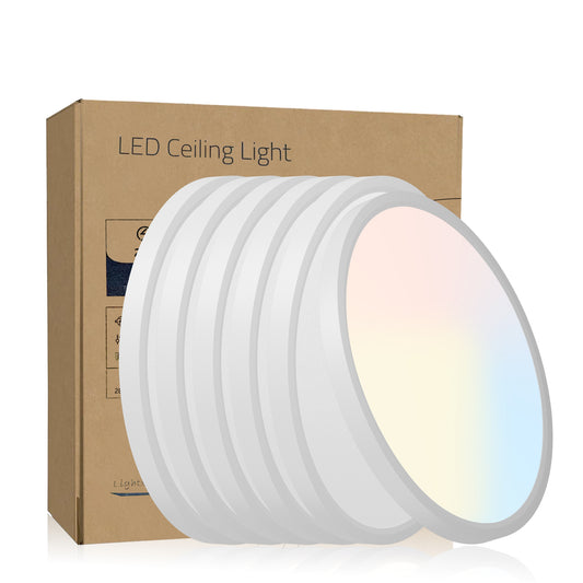 6PK 12 In. LED Flush Mount Ceiling Light Fixture - 2880 Lumens, 5 CCT 2700K-500K-40000K-5000K-6500K, Round Color Selectable Panel Light, Dimmable, Suitable For Bathroom Or Shower