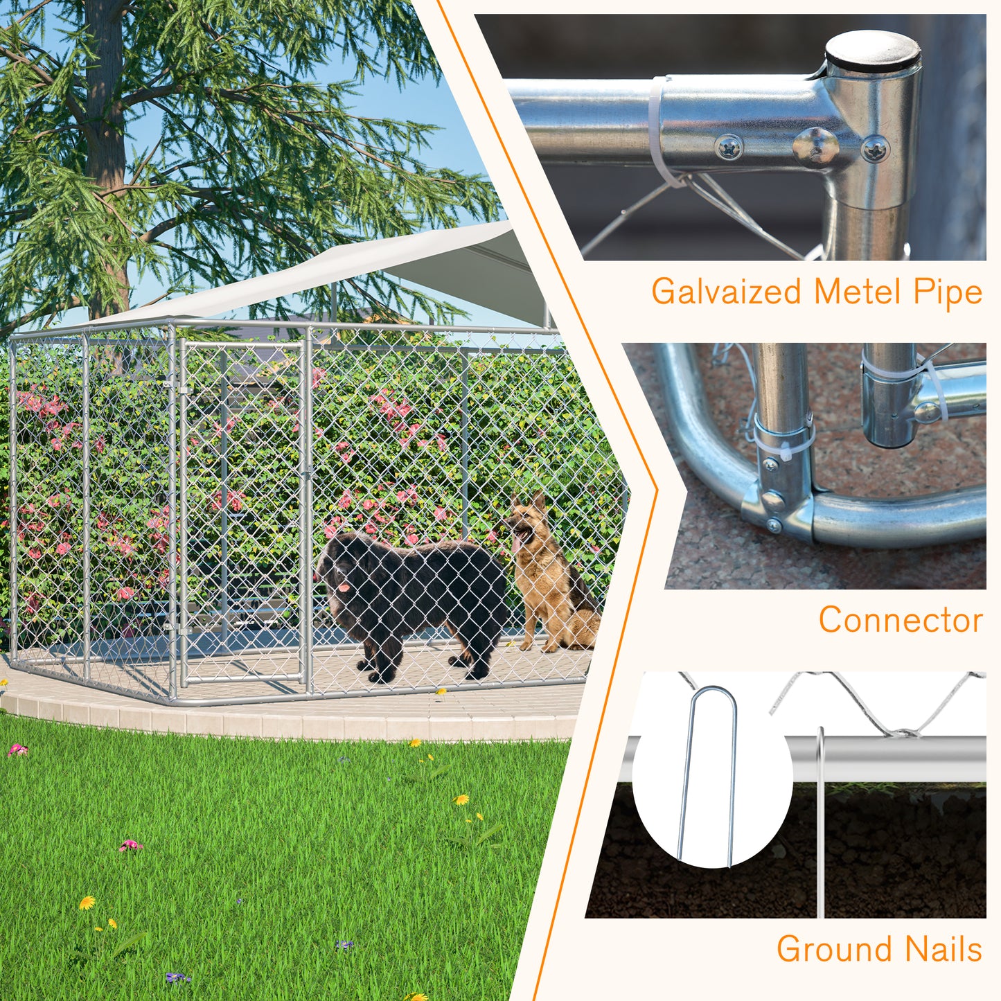 Heavy Duty Outdoor Dog Kennel 13.1x7.5x7.6 Ft, Galvanized Chain Link Playpen With Waterproof Anti-UV Cover, Secure Lock, Large Exercise Pen For Puppy & Small Pets