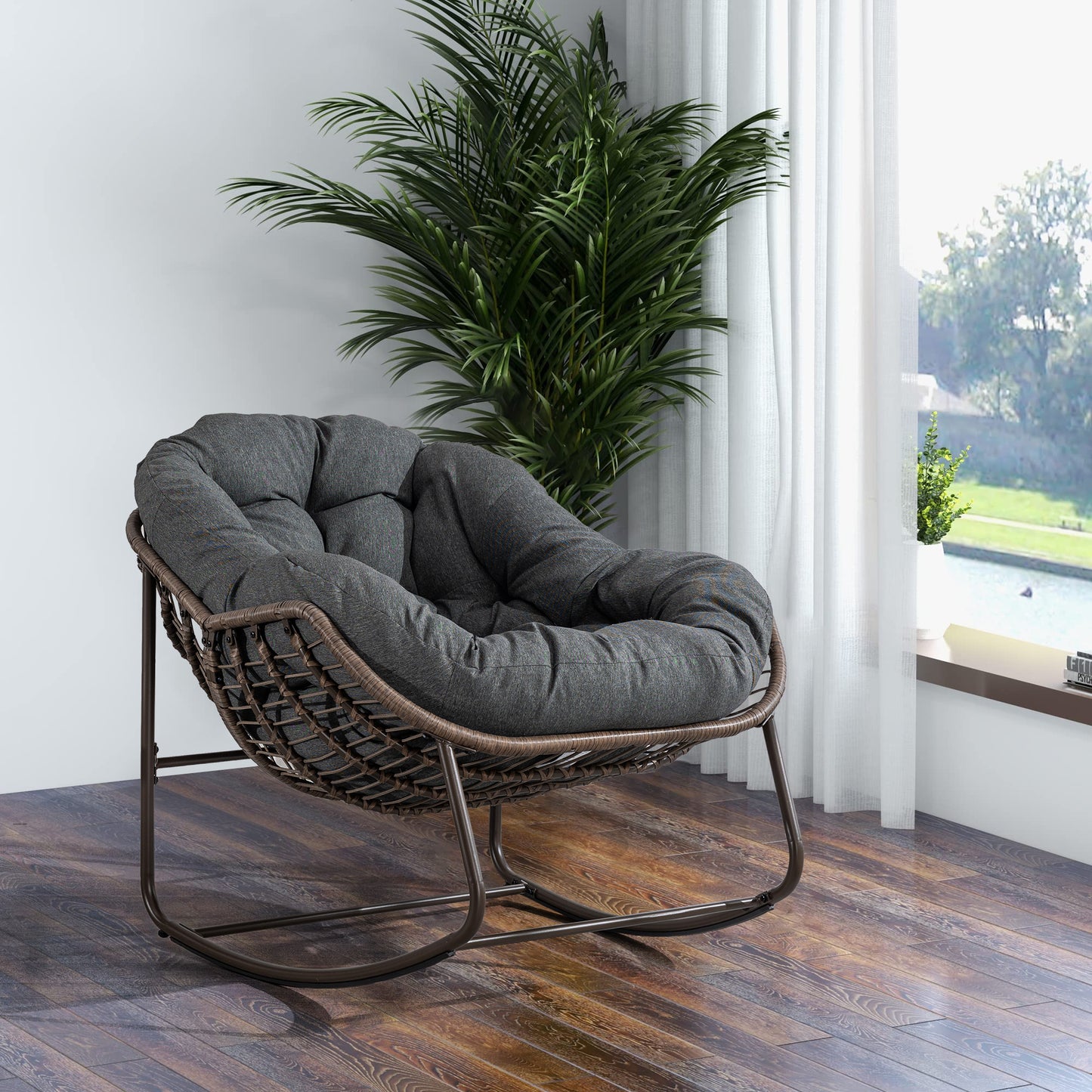 Outdoor Rattan Rocking Chair,Padded Cushion Rocker Recliner Chair Outdoor For Front Porch, Living Room, Patio, Garden, Grey