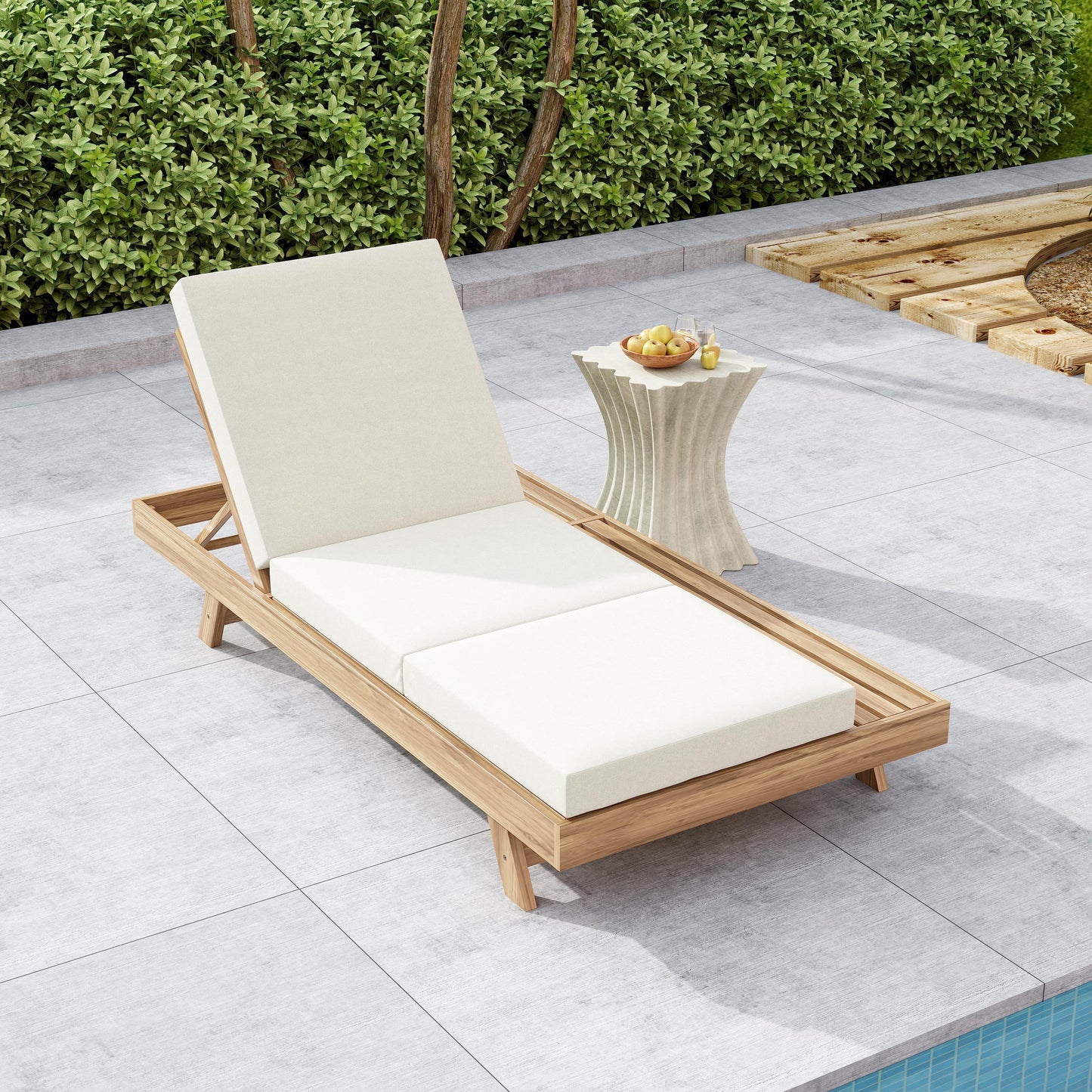 Lounge Chaise Set, Space Available On One Side, Acacia Solid Wood In Light Brown With Lounge Cushion  Cream & Triple Fold  -Matching Dark Grey Version Available