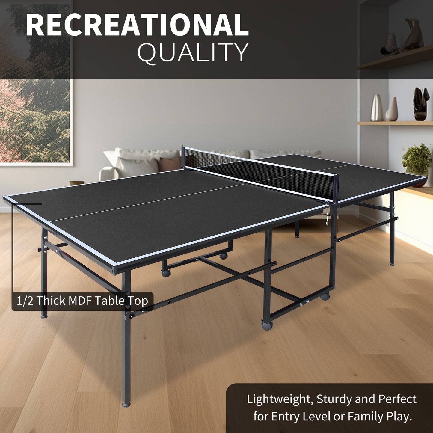 8.5x4. 3ft Black Mid-Size Table Tennis Table Foldable & Portable Ping Pong Table Set For Indoor Games With Net, 2 Table Tennis Paddles And 3 Balls