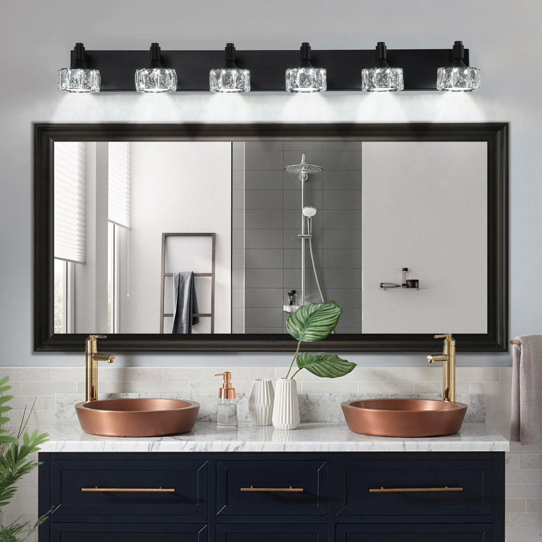 Modern 6-Light Matte Black LED Vanity Light Fixture With Crystal Glass Shades, Bathroom Wall Sconce For Elegant And Contemporary Home Decor
