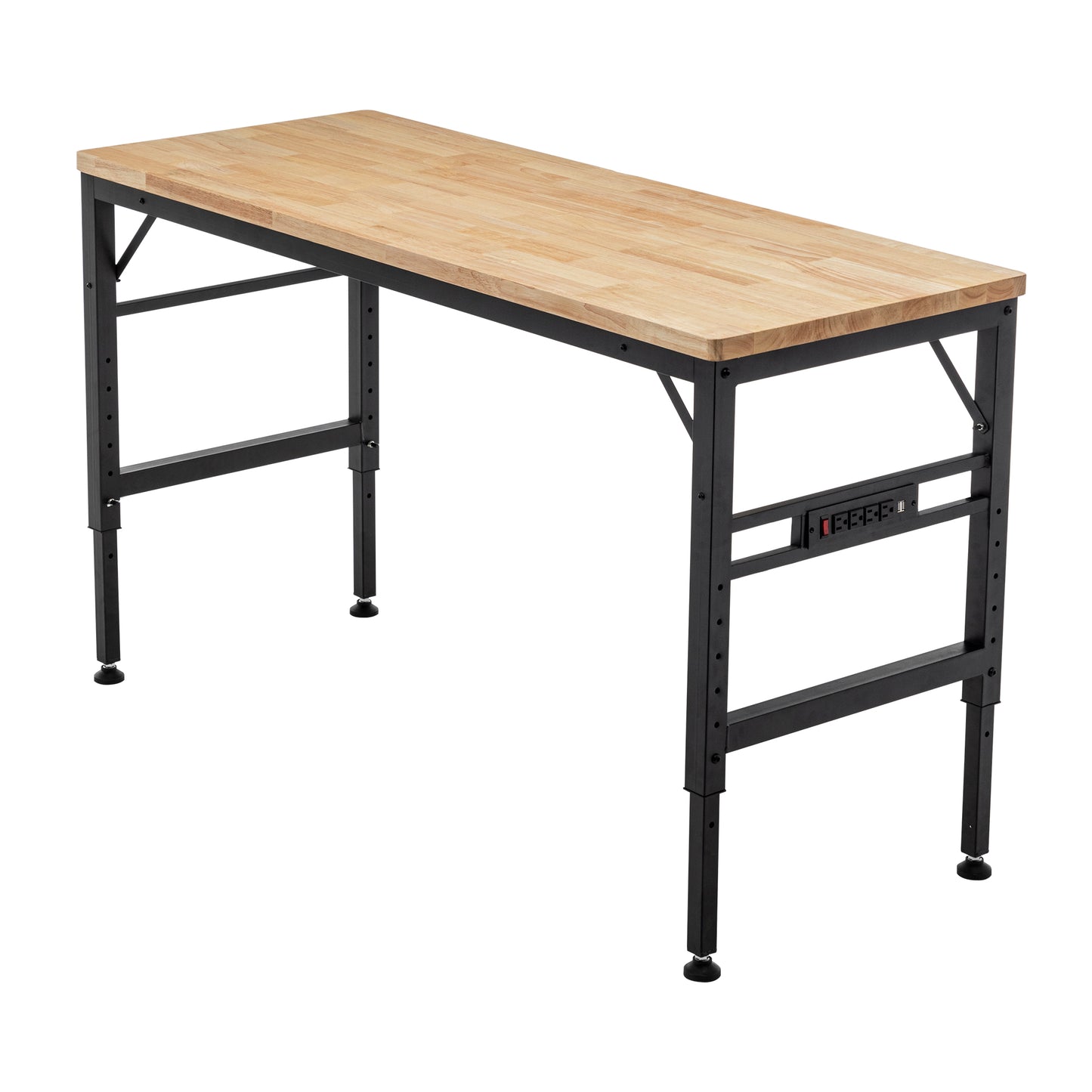 Adjustable Height Workbench, 60 Rubber Wood Top Heavy Duty Workstation With Power Outlets, 2000 LBS Load Capacity Hardwood Worktable For Workshop, Garage, Office, Home, Commercial