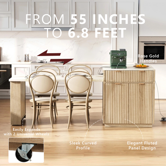 K&K 82.6  Fluted Kitchen Island With Extendable Dining Table For 4 6, Island Table For Kitchen With Power Outlet, Kitchen Table With Double Side Storage, 2 Drawers 2 Side Open Shelves, Natural