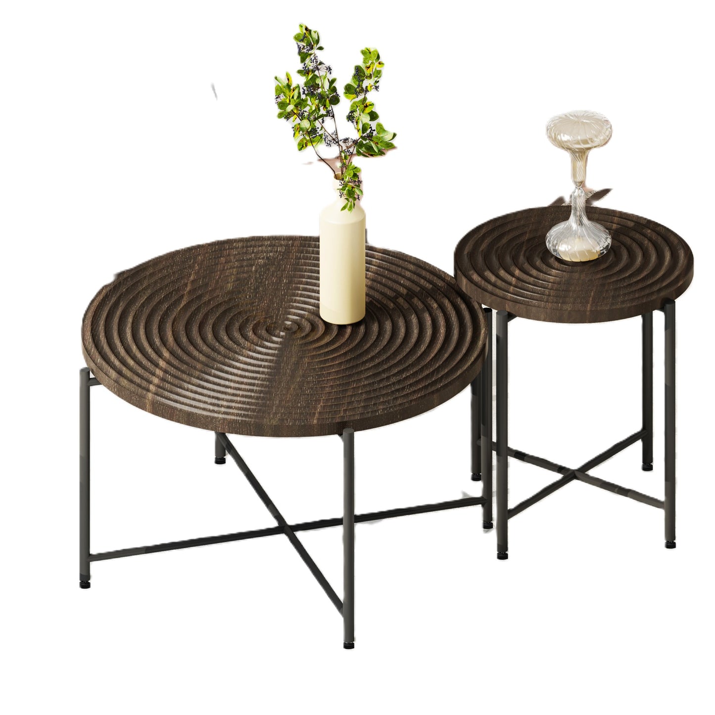 2-Piece Coffee And End Table Set -Waterproof MDF With PVC Cover, Distressed Cylindrical Design, Black Metal Legs -Classic Rustic Charm, Dark Walnut