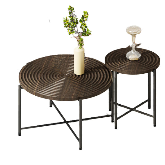 2-Piece Coffee And End Table Set -Waterproof MDF With PVC Cover, Distressed Cylindrical Design, Black Metal Legs -Classic Rustic Charm, Dark Walnut