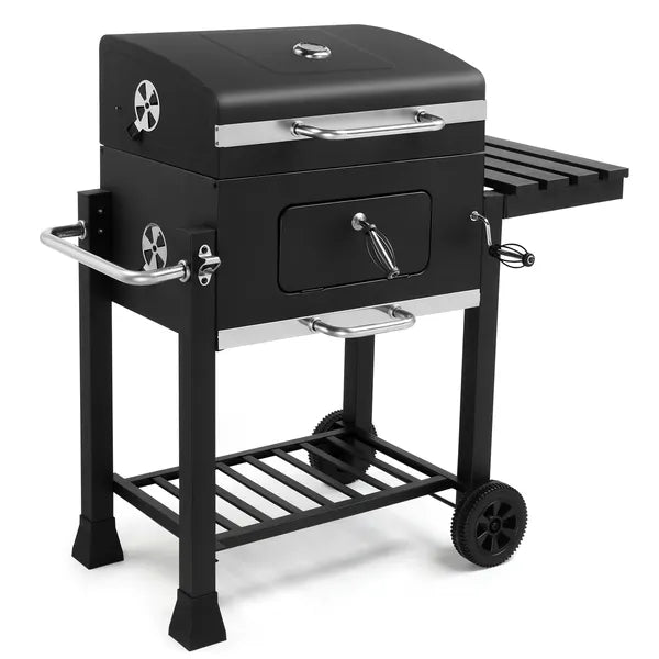 Charcoal Grill With Foldable Side Table And Wheels, Heavy-duty BBQ Grill For Outdoor Picnics Patio Garden And Backyard Grilling
