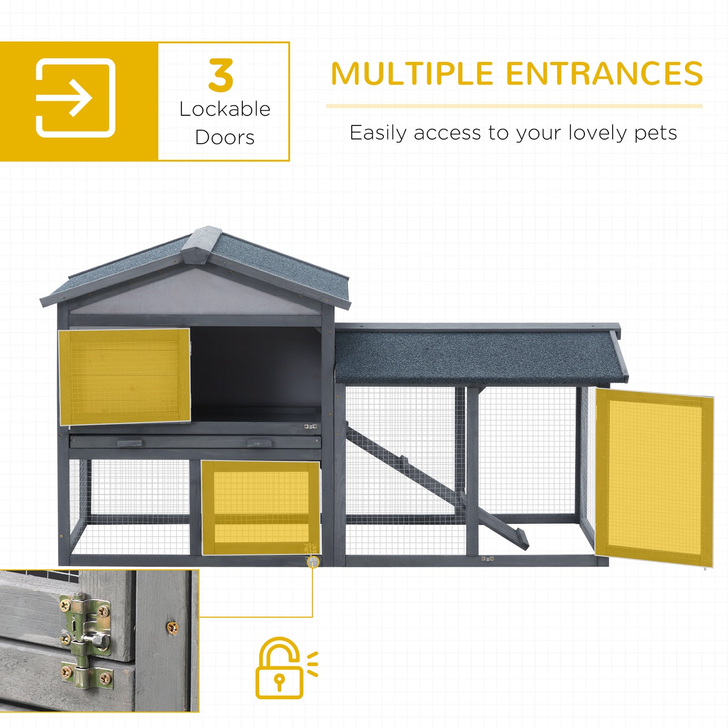 58" Large Rabbit Hutch Outdoor Indoor, Wooden Bunny Hutch, Guinea Pig Cage With Run, Removable Tray, Asphalt Roof, Lockable Doors And Ramp, For 1-2 Small Rabbits, Chickens, Ducks, Dark Gray