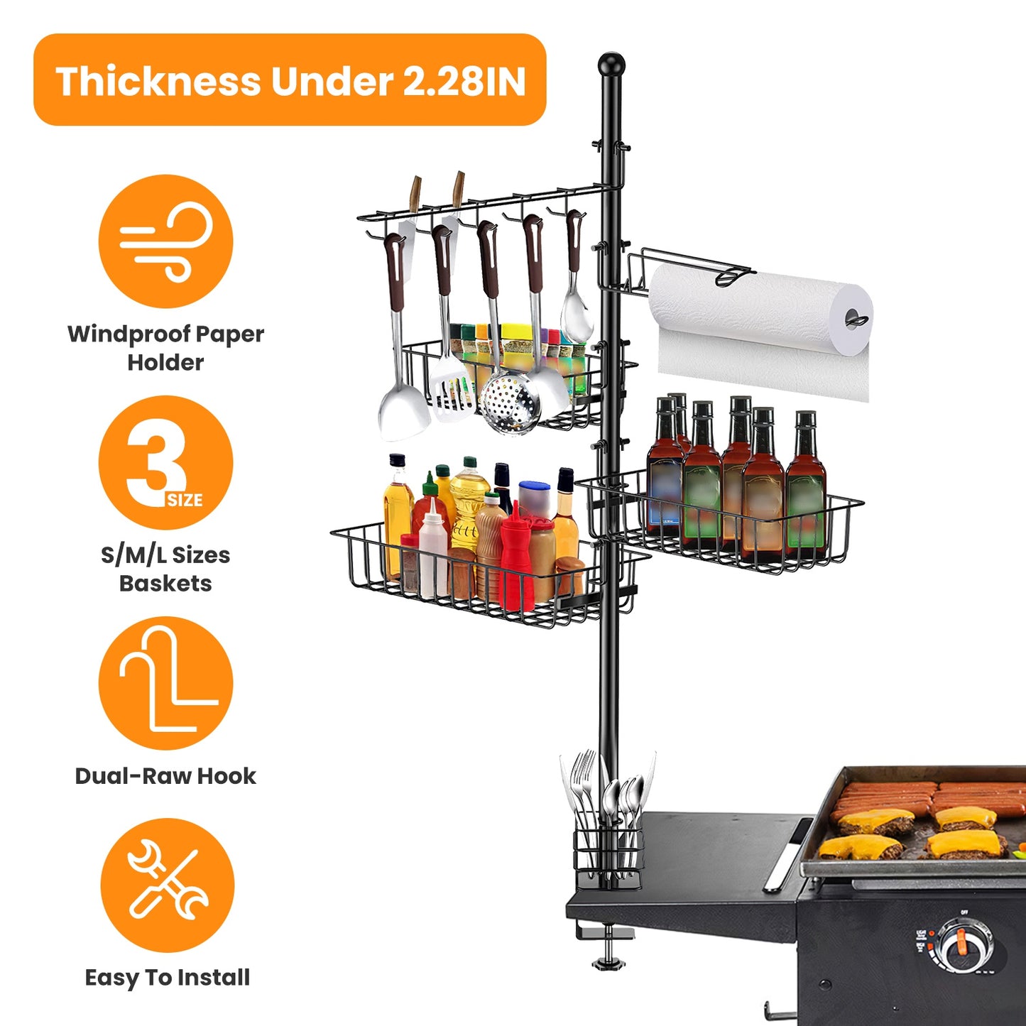 Standing BBQ Storage Caddy, Large Capacity Griddle Organizer With Multi-Size Baskets, Tool Hooks & Windproof Paper Towel Holder, Easy Assembly For Camping Picnic Party