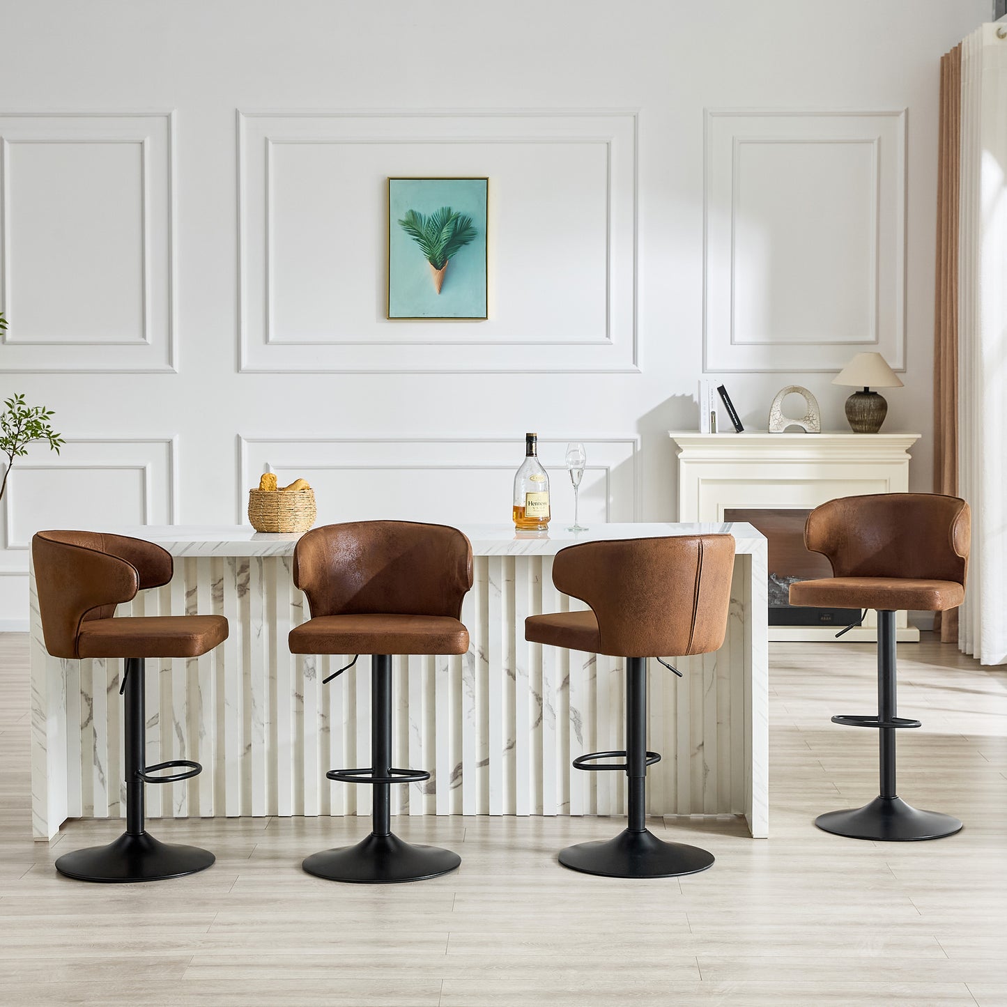 Modern Rotating Adjustable Bar Chair, Suede With Backrest Swivel Chair, Suitable For Kitchen Bar And Dining Room, Height Adjustable, Load-bearing Up To 300 Pounds  Brown -4 Pieces