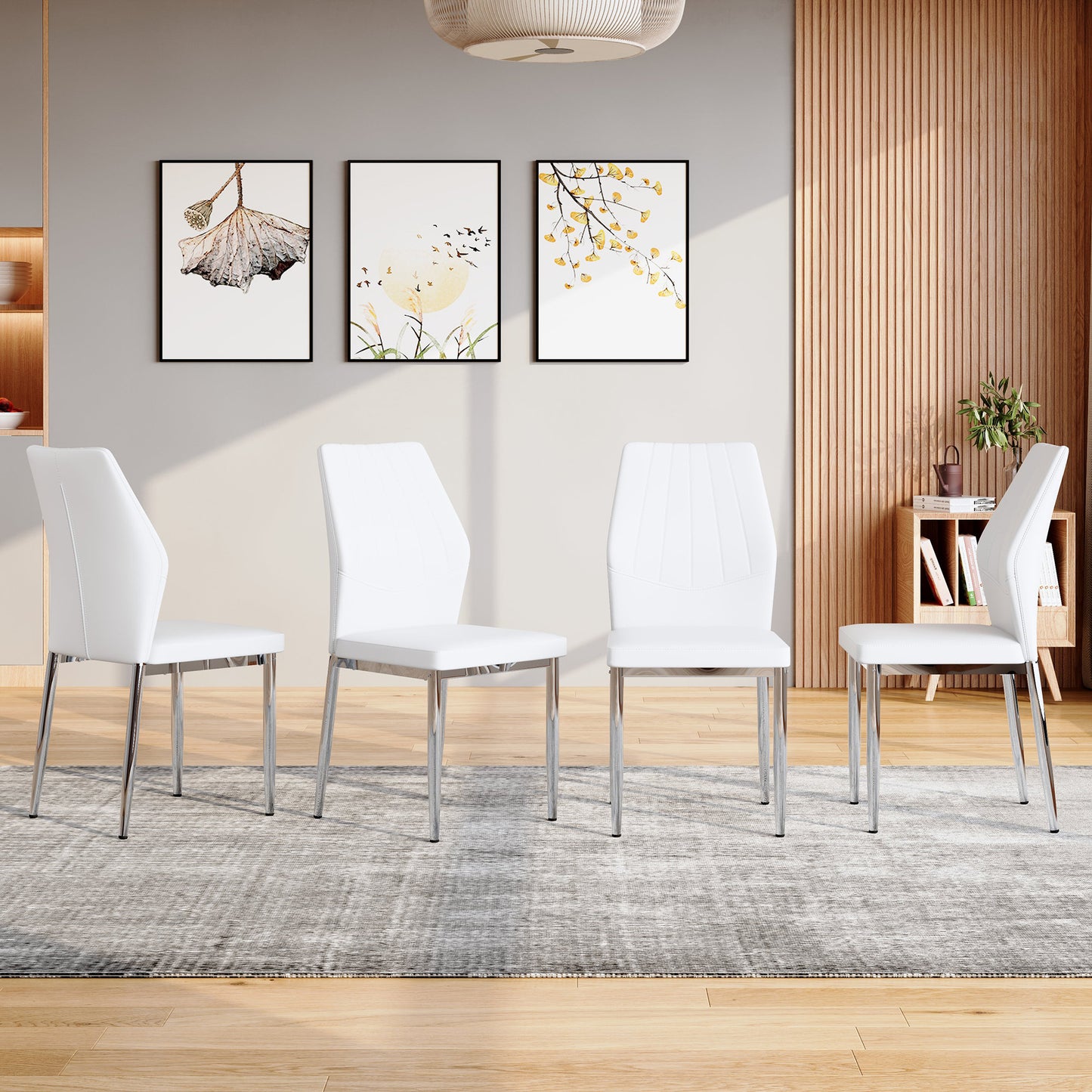 Set Of 4 Silver - And - White Dining Chairs,37 Inches High Ergonomic PU Backrest, Combines Comfort And Style.Perfectly Blends Comfort And Elegance, Injecting More Comfort And Style Into Dining Time.