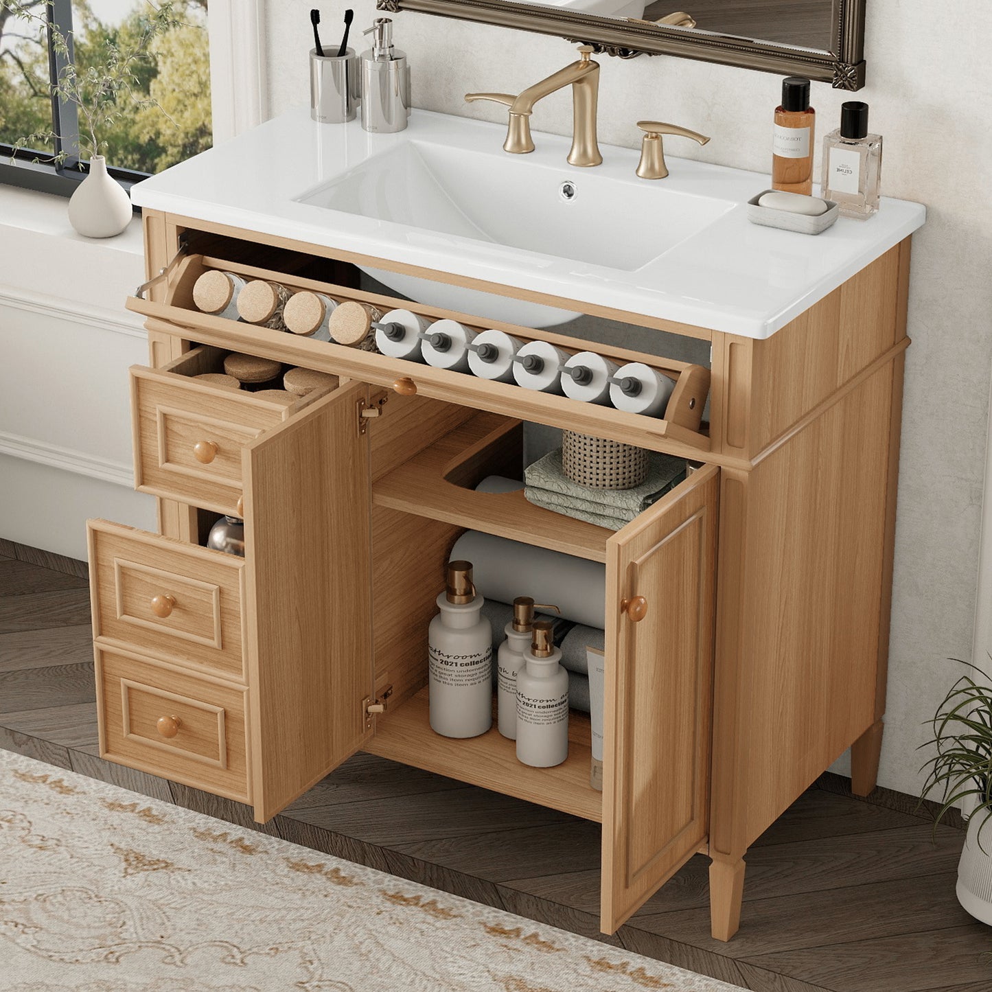 36  Bathroom Vanity With Sink, Wood Vanity Cabinet With Flip-Out Drawer, 3 Drawers, 2 Soft-Close Doors, Solid Wood & MDF, Elegant Rubber Wood Handles