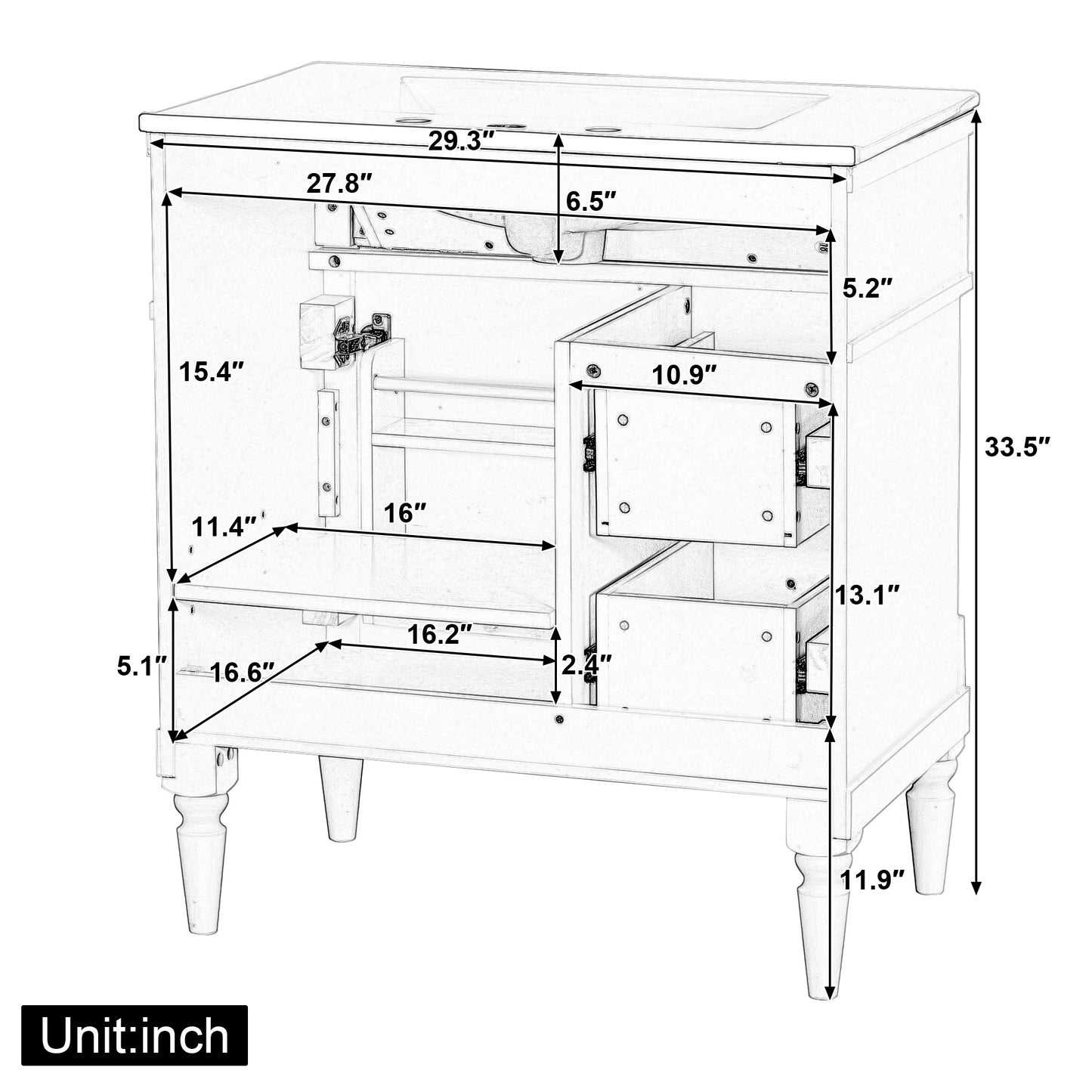 30  Bathroom Vanity With Sink, Green Freestanding Bathroom Cabinet With Flip Drawer & Adjustable Shelf, Solid Rubberwood Frame, MDF Panels & Metal Handles
