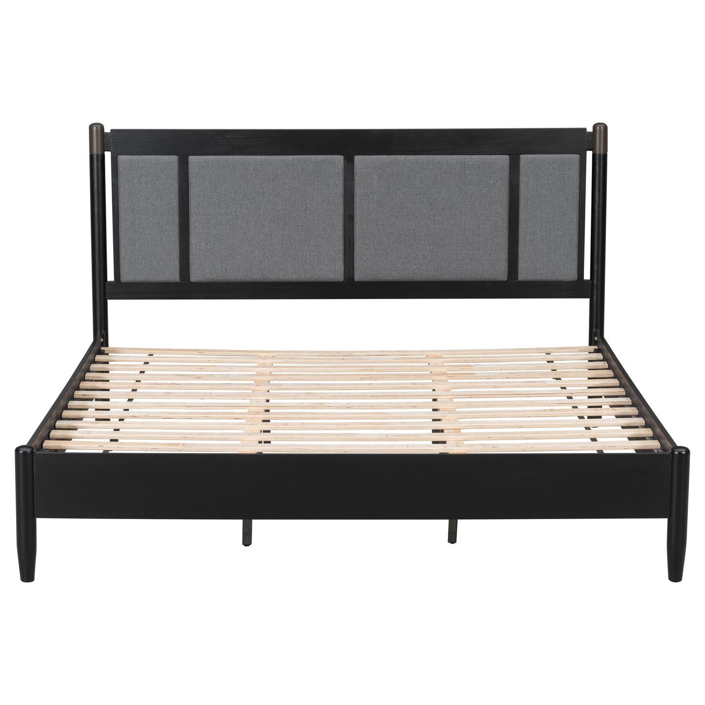 Solid Wood King Bed, Heavy Duty 600 Lbs Support, No Box Spring Needed, Black Upholstered Headboard With Metal Handles