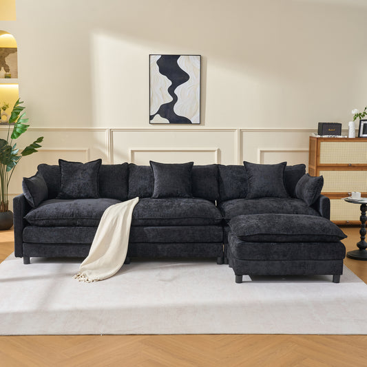 108  L Shaped Modern Sofa Modular Sectional Cloud Couch With Ottoman, 4 Seat Chenille Deep Seat Sofa With Pillow For Living Room, Bedroom And Apartment
