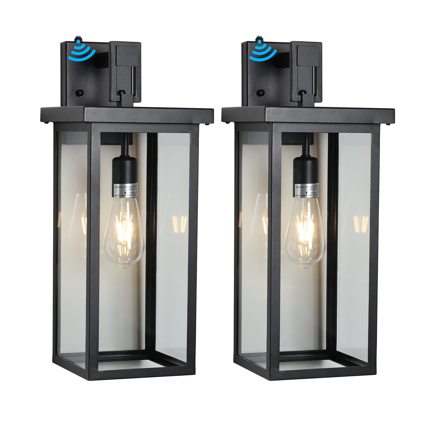 20  H  Set Of 2 Modern Outdoor Wall Lanterns With Black Metal Frame And Clear Glass, Ambient Light Sensors,Weatherproof Wall Sconces For Porch, Garage, Or Entryway Lighting, E26 Bulb Compatible